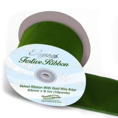 Eleganza Velvet Ribbon with Wired Edge Green No.50 60mm x 9.1m - Christmas Ribbon
